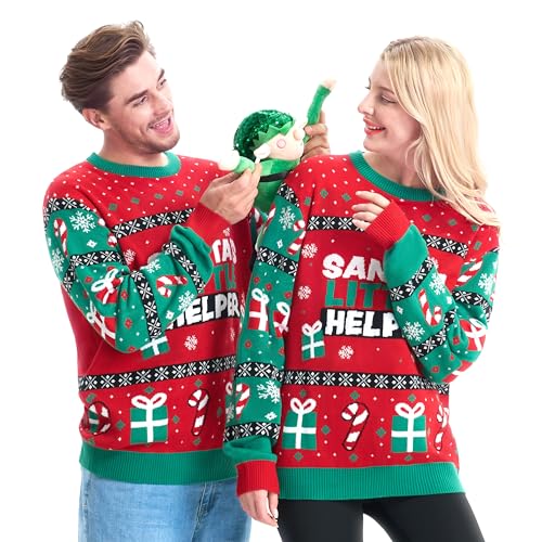 Giggling Getup Lustiger hässlicher Weihnachtspullover für Frauen, hässlicher Weihnachtspullover mit 3D-Plüschtieren, hässlicher Pullover für Damen in Grün von Giggling Getup