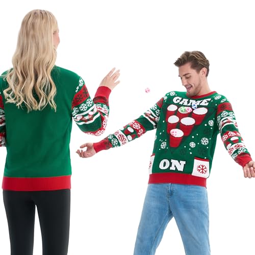 Giggling Getup Lustiger hässlicher Weihnachtspullover für Männer, Cheer-Pong-Spiel Weihnachts-hässlicher Pullover, Herren-hässlicher Pullover-Pullover Multi von Giggling Getup