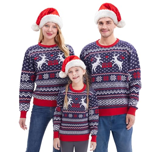 Giggling Getup Passender Familien-Weihnachtspullover, süßer weihnachtlicher Langarm-Strickpullover, Blauer hässlicher Weihnachtspullover für Frauen von Giggling Getup