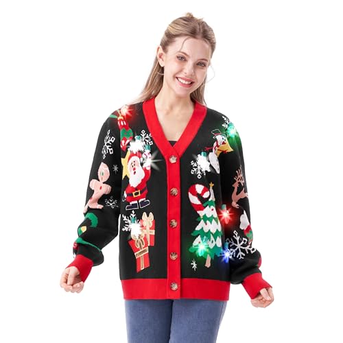 Giggling Getup Ugly Sweater Cardigan für Damen, Weihnachts-LED-Leucht-Rudolph-Rentier-Strickpullover, integrierte Glühbirnen von Giggling Getup