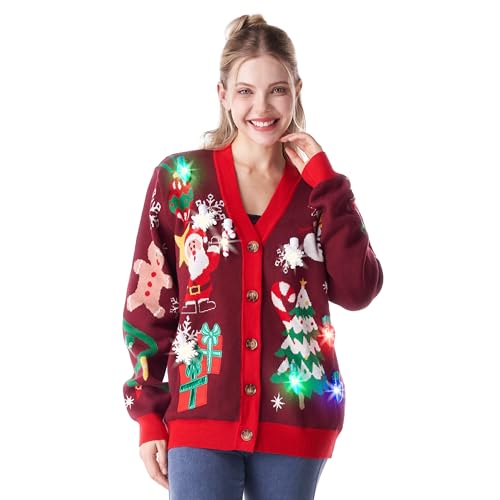 Giggling Getup Ugly Sweater Cardigan für Damen, weihnachtlicher LED-Leucht-Rudolph-Rentier-Strickpullover, integrierte Glühbirnen-XL von Giggling Getup
