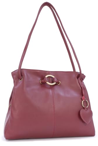 Gigi - Damen Leder Schultertasche - Handtasche Mittelgroß mit Viele Fächer - Shopper mit Herz Schlüsselring - Othello 4323 - Burgund/Rot von Gigi