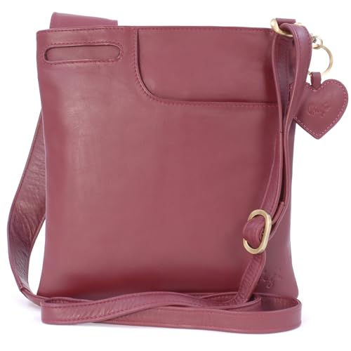 Gigi - Damen Leder Umhängetasche - Crossbody Bag/Handtasche Klein - Verstellbarer Schultergurt - mit Herz Schlüsselring - OTHELLO 2057 - Burgund von Gigi