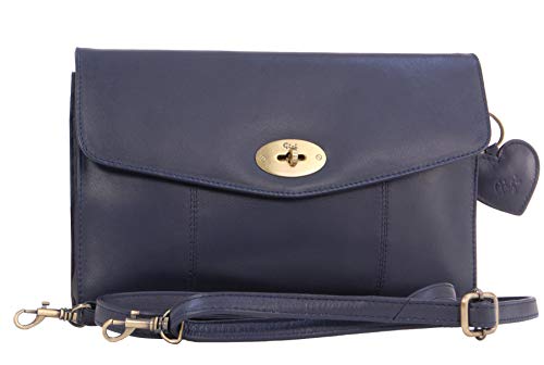 Gigi - Damen Leder Umhängetasche Klein - Crossbody Bag - Abendtasche - Clutch mit Abnehmbarer Verstellbarer Schultergurt - Othello 8757G - Marine Blau von Gigi