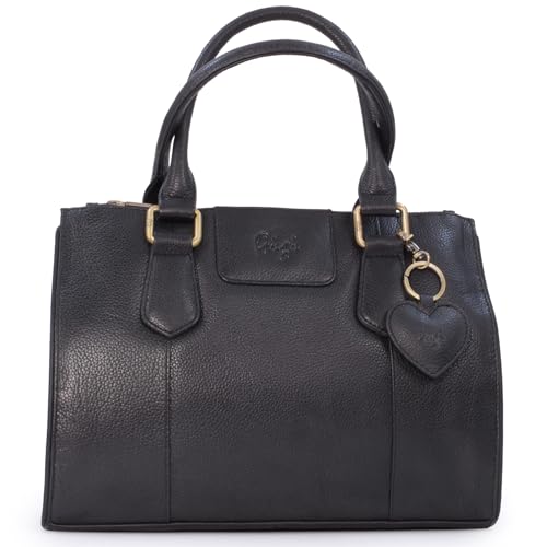 Gigi - Damen Leder Henkeltasche - Handtasche Mittelgroß - mit Herz Schlüsselring - GIOVANNA 9046 - Schwarz von Gigi