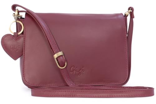 Gigi - Damen Leder Umhängetasche - Crossbody Bag/Handtasche Klein - Verstellbarer Schultergurt - mit Herz Schlüsselring - OTHELLO 14578 - Burgund von Gigi