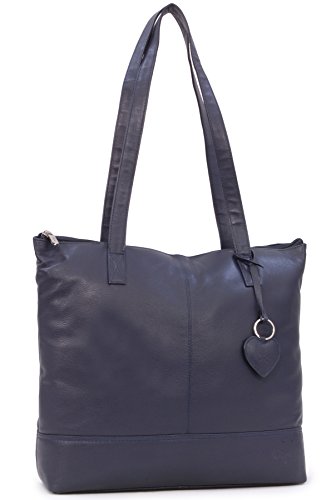 Gigi - Damen Leder Schultertasche - Tote Bag Groß - Handtasche mit Herz Schlüsselring - OTHELLO 9101A - Marine Blau von Gigi