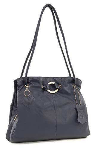 Gigi - Damen Leder Schultertasche - Handtasche Mittelgroß mit Viele Fächer - Shopper mit Herz Schlüsselring - OTHELLO 4323 - Marine Blau von Gigi