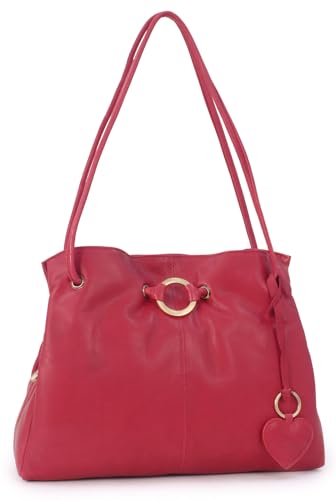 Gigi - Damen Leder Schultertasche - Handtasche Mittelgroß mit Viele Fächer - Shopper mit Herz Schlüsselring - Othello 4323 - Rot von Gigi