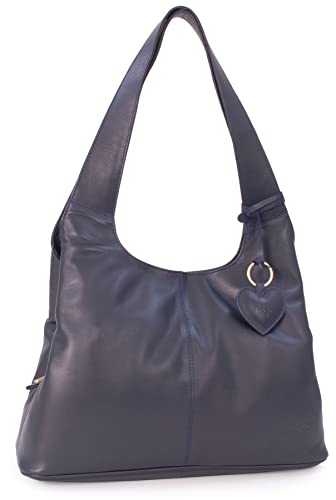 Gigi - Damen Leder Schultertasche - Handtasche Mittelgroß mit Viele Fächer- Herz Schlüsselring - OTHELLO 4326 - Marine Blau von Gigi