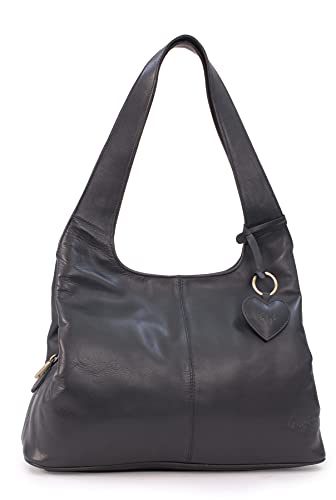 Gigi - Damen Leder Schultertasche - Handtasche Mittelgroß mit Viele Fächer - Herz Schlüsselring - Othello 4326 - Schwarz von Gigi