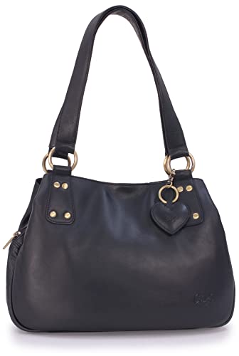 Gigi - Damen Leder Schultertasche - Handtasche Mittelgroß mit Viele Fächer - Herz Schlüsselring - OTHELLO 6819 - Schwarz von Gigi