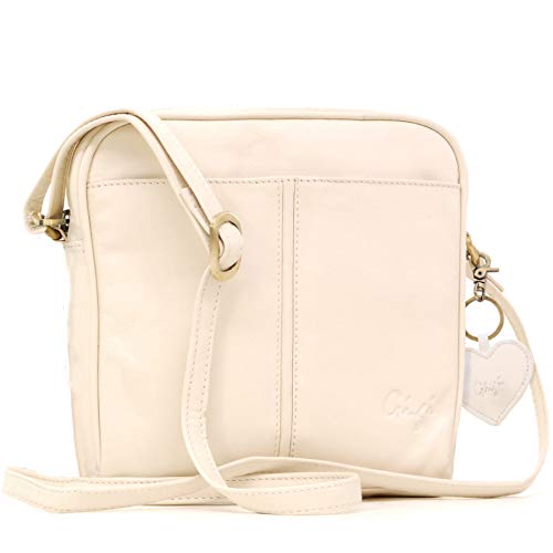 Gigi - Damen Leder Umhängetasche - Crossbody Bag Handtasche Klein - Verstellbarer Schultergurt - mit Herz Schlüsselring - OTHELLO 22-29 - Elfenbein von Gigi