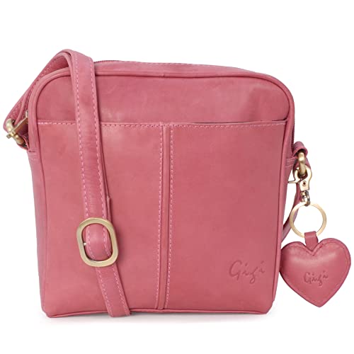 Gigi - Damen Leder Umhängetasche - Crossbody Bag/Handtasche Klein - Verstellbarer Schultergurt - mit Herz Schlüsselring - OTHELLO 22-29 - Magenta von Gigi