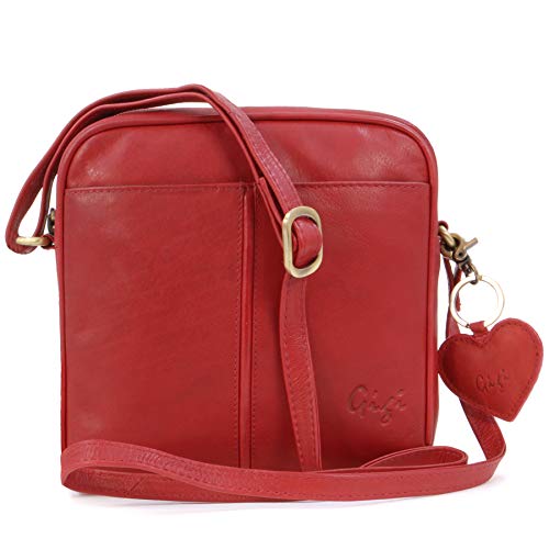 Gigi - Damen Leder Umhängetasche - Crossbody Bag/Handtasche Klein - Verstellbarer Schultergurt - mit Herz Schlüsselring - OTHELLO 22-29 - Rot von Gigi