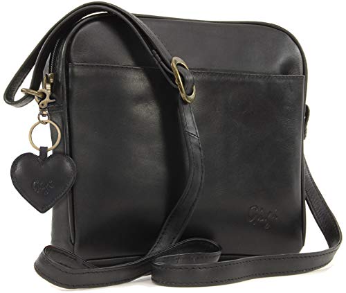 Gigi - Damen Leder Umhängetasche - Crossbody Bag/Handtasche Klein - Verstellbarer Schultergurt - mit Herz Schlüsselring - OTHELLO 22-29 - Schwarz von Gigi