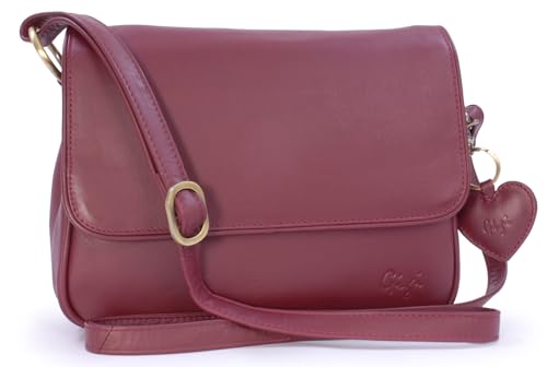 Gigi - Damen Leder Umhängetasche - Crossbody Bag Mittelgroß - Verstellbarer Schultergurt - mit Herz Schlüsselring - OTHELLO 1008 - Burgund von Gigi