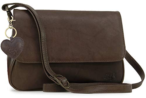 Gigi - Damen Leder Umhängetasche - Crossbody Bag Mittelgroß - Verstellbarer Schultergurt - mit Herz Schlüsselring - OTHELLO 1008 - Dunkelbraun von Gigi