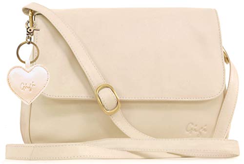 Gigi - Damen Leder Umhängetasche - Crossbody Bag Mittelgroß - Verstellbarer Schultergurt - mit Herz Schlüsselring - OTHELLO 1008 - Elfenbein Beige von Gigi