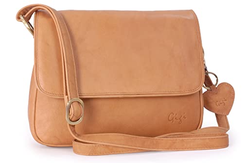 Gigi - Damen Leder Umhängetasche - Crossbody Bag Mittelgroß - Verstellbarer Schultergurt - mit Herz Schlüsselring - OTHELLO 1008 - Honig von Gigi