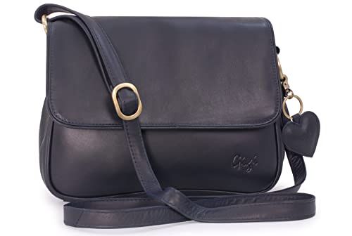 Gigi - Damen Leder Umhängetasche - Crossbody Bag Mittelgroß - Verstellbarer Schultergurt - mit Herz Schlüsselring - OTHELLO 1008 - Marine Blau von Gigi