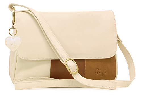 Gigi - Damen Leder Umhängetasche - Crossbody Bag Mittelgroß - Verstellbarer Schultergurt - mit Herz Schlüsselring - OTHELLO 1008 - Mehnfarbig Beige von Gigi