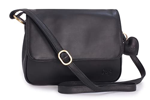 Gigi - Damen Leder Umhängetasche - Crossbody Bag Mittelgroß - Verstellbarer Schultergurt - mit Herz Schlüsselring - OTHELLO 1008 - Schwarz von Gigi