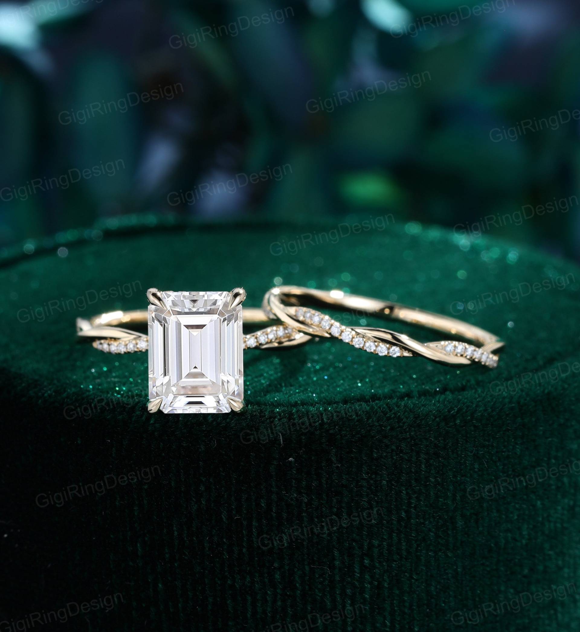 2.7Ct Smaragdschliff Moissanite Verlobungsring Gesetzt Vintage Einzigartige Solid Gelbgold Twist Band Ring Braut Versprechen Jahrestag Geschenk von GigiRingDesign
