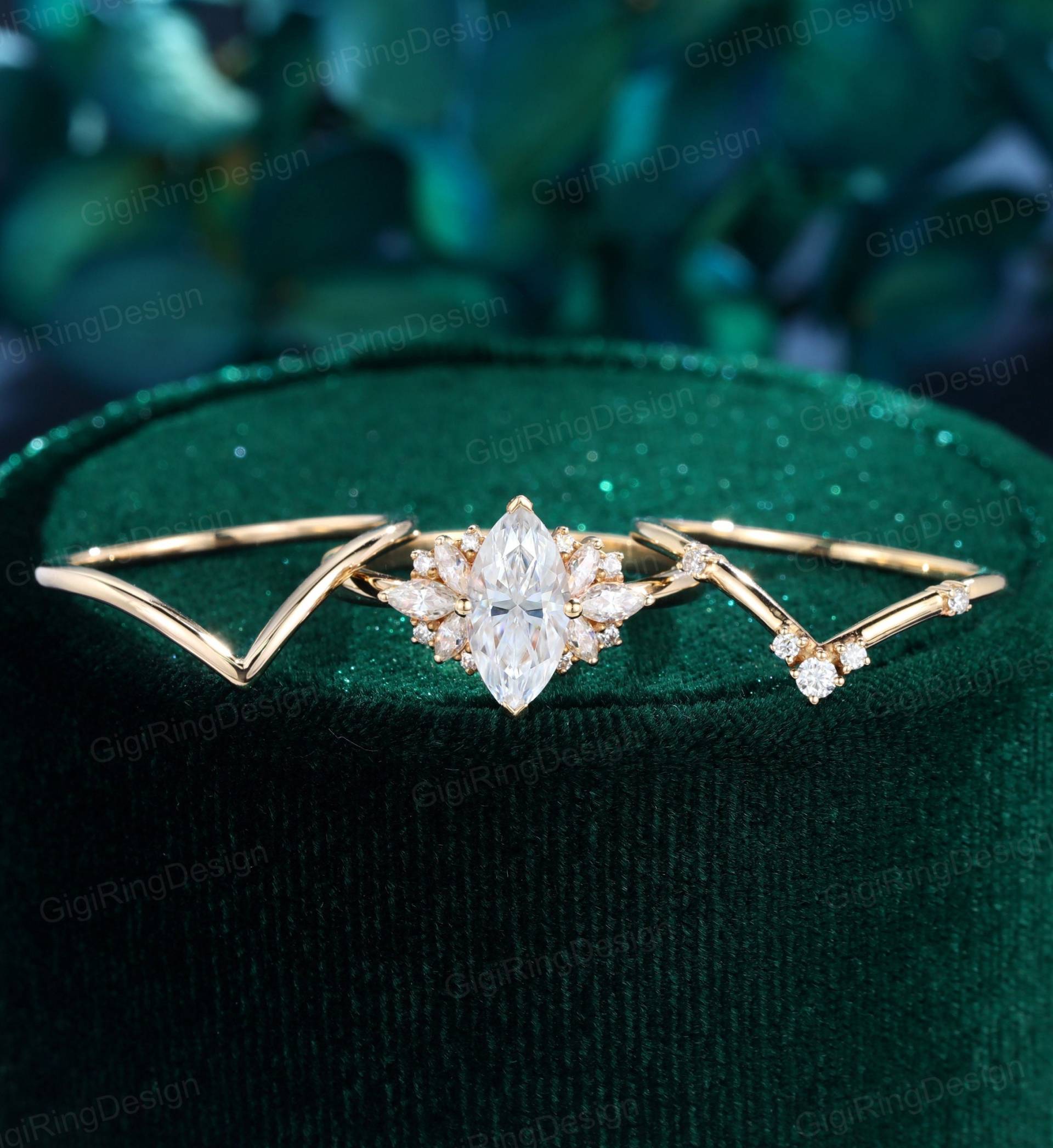 3stk Marquise Moissanit Verlobungsring Damen Unikat Vintage Gelbgold Diamant Set Art Deco Braut Versprechen Jahrestag von GigiRingDesign