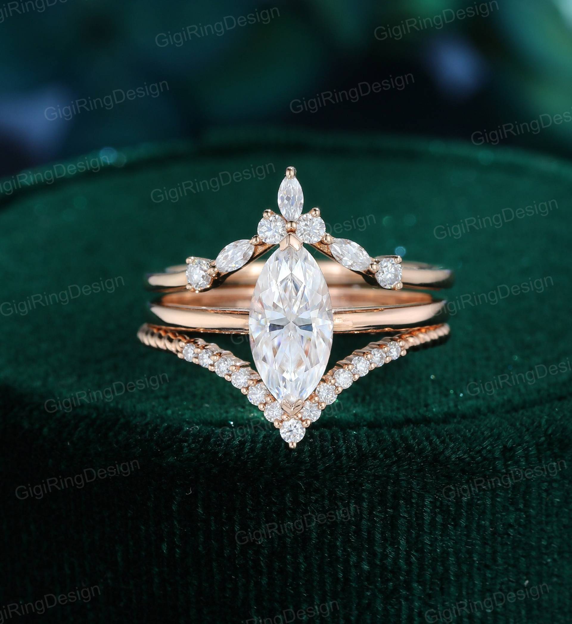 3stk Marquise Moissanit Verlobungsring Set Vintage Roségold Unikat Diamant Ring Swist Braut Set Promise Anniversary von GigiRingDesign