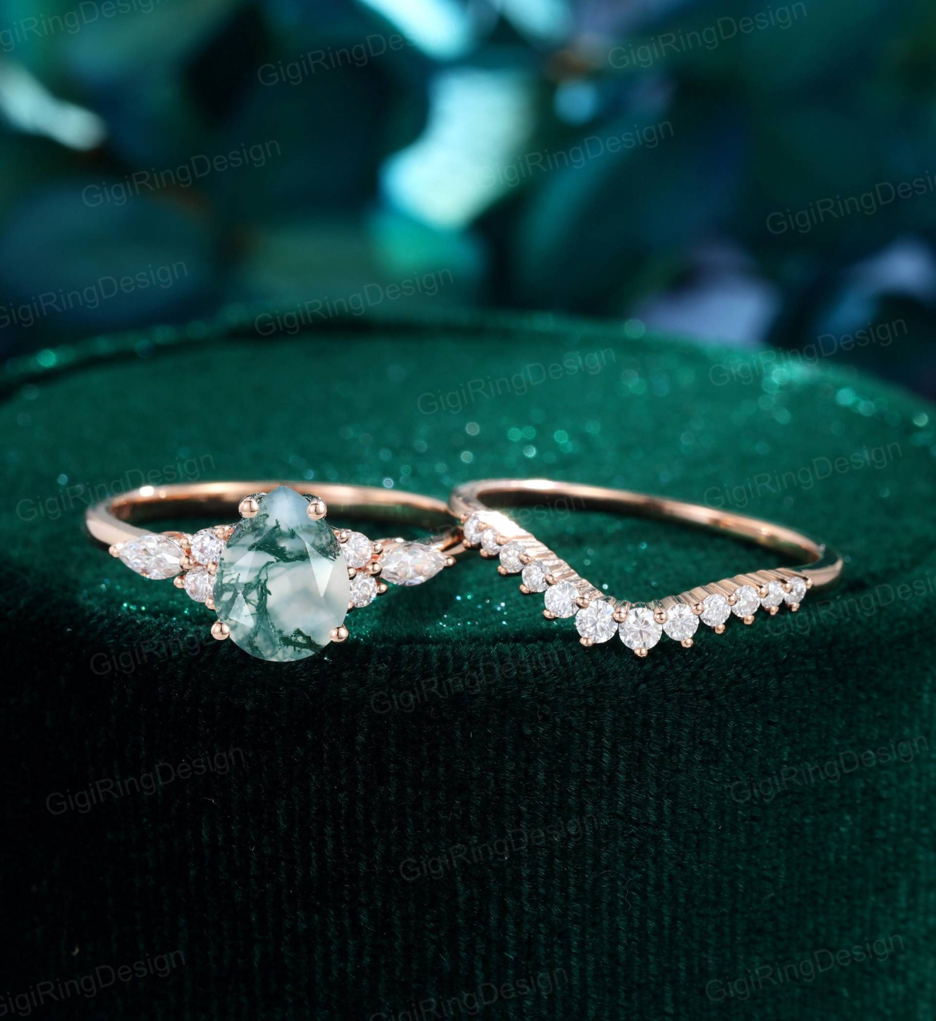 Birnenförmiger Moos Achat Verlobungsring Set Unikat Rosegold Vintage Marquise Gebogen Hochzeitsband Brautset Birnenförmiger Moos Achat Verlobungsring Set Unikat Rosegold Vintage Marquise Gebogen Hochzeitsband Brautset von GigiRingDesign