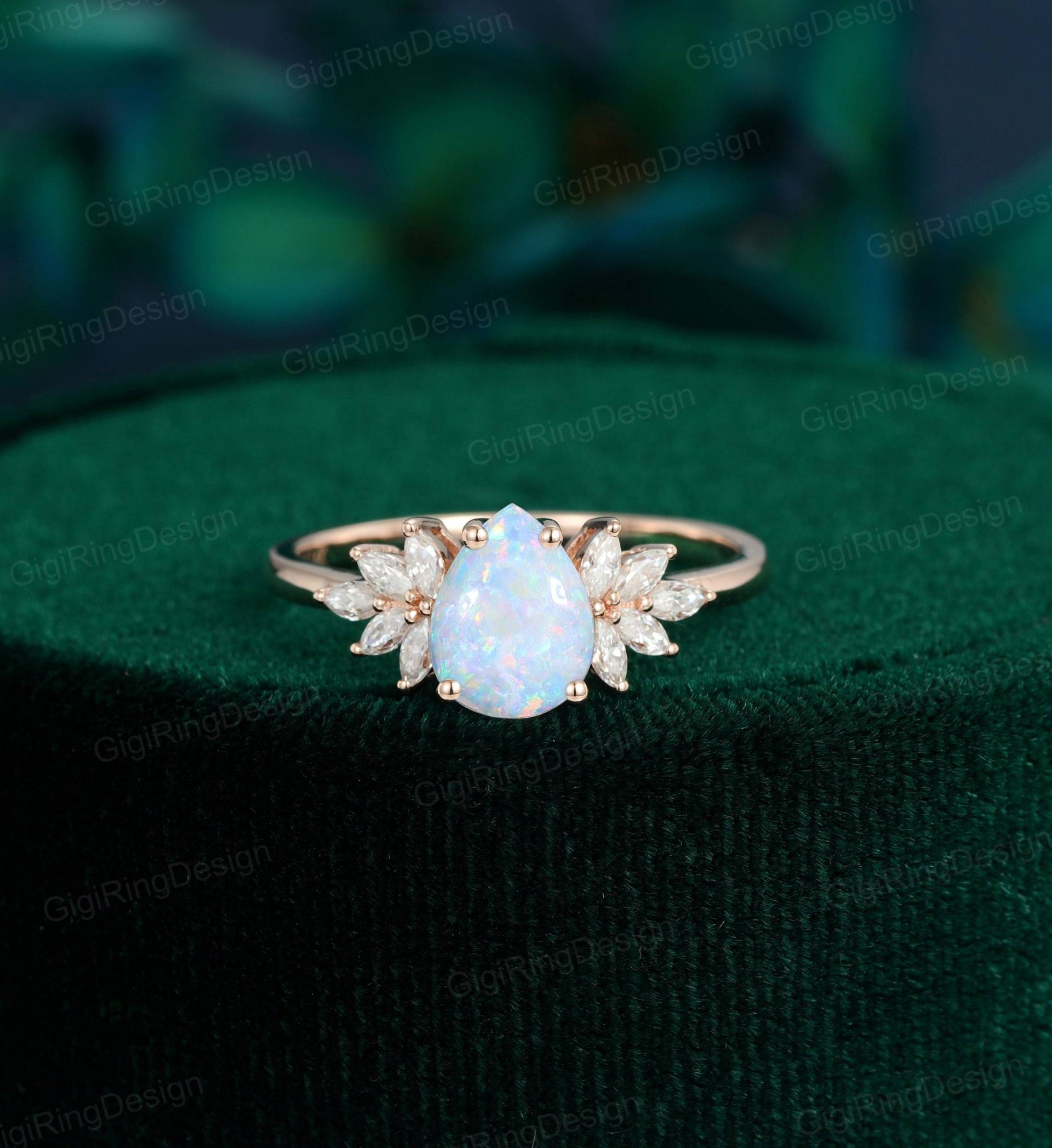 Birnenförmiger Opal Verlobungsring Rosegold Moissanit Vintage Marquise Cluster Gagement Ring Braut Versprechen Jahrestag von GigiRingDesign