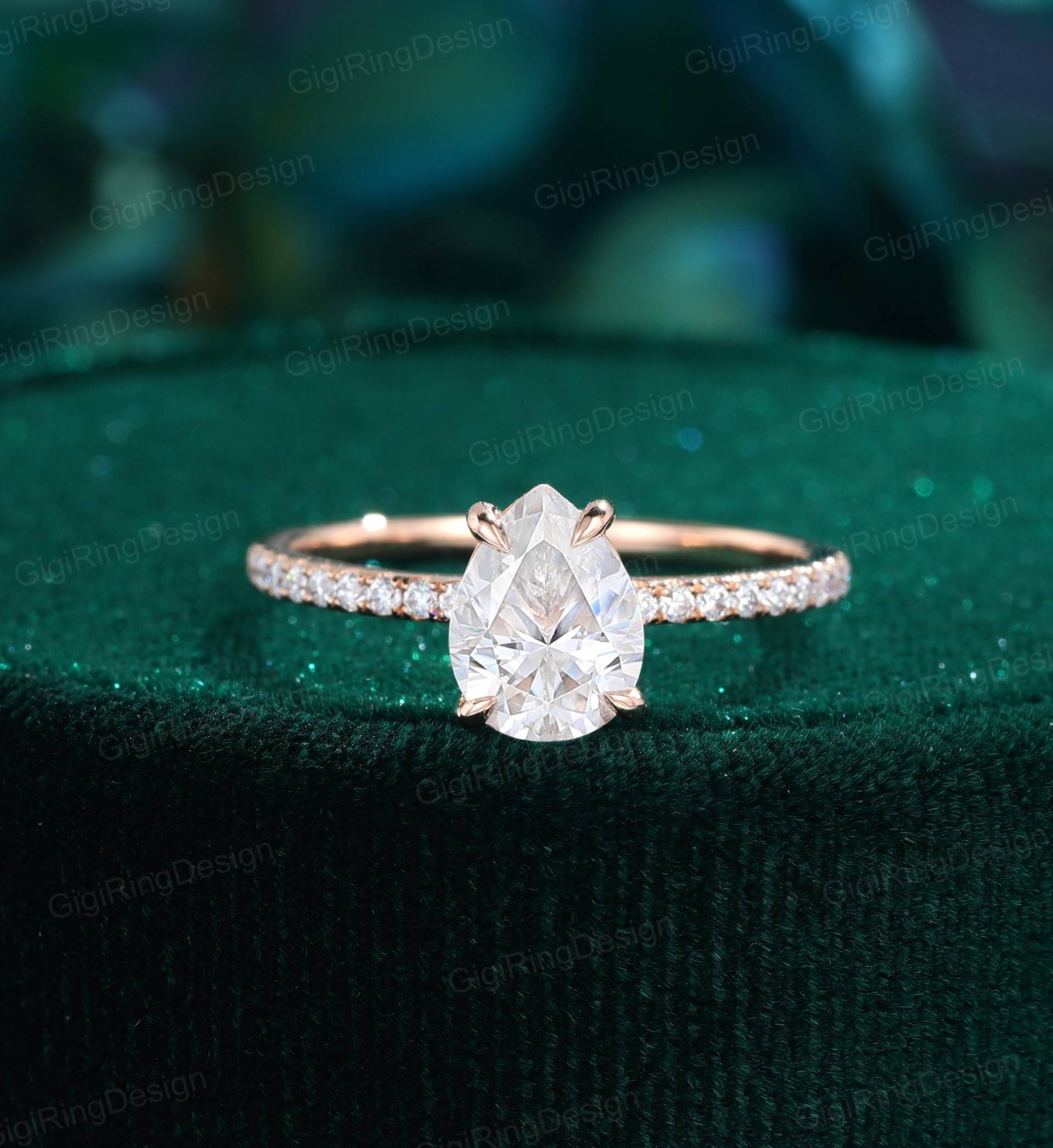 Birnenförmiger Verlobungsring Unikat Moissanit Ring Vintage Roségold Diamant Frauen Hochzeit Braut Versprechen Jahrestag Geschenk von GigiRingDesign