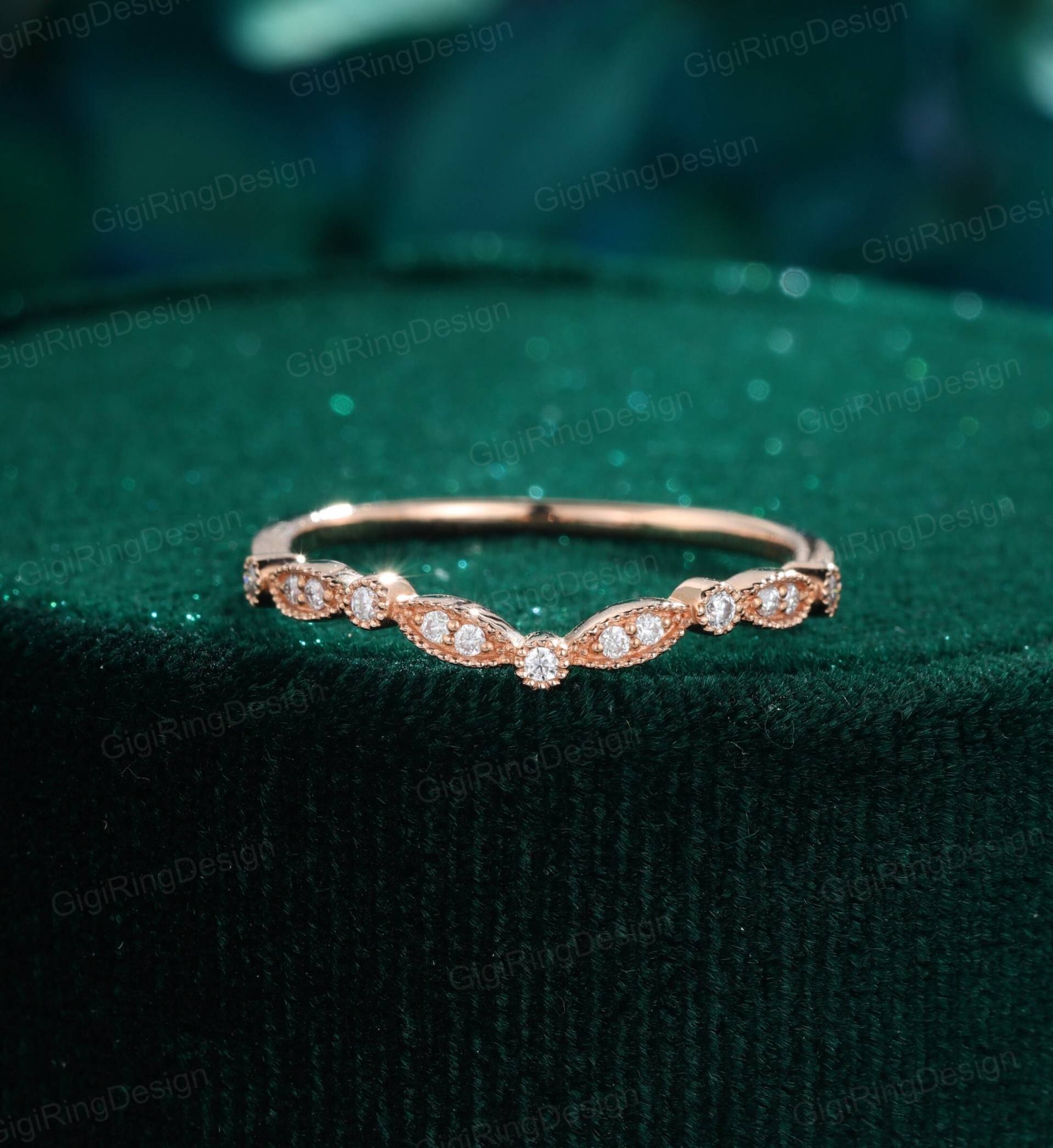 Diamant Ehering Gewölbte Hochzeitsband Vintage Rosegold Damen Stapelring Braut Versprechen Jahrestag Geschenk Für Sie von GigiRingDesign