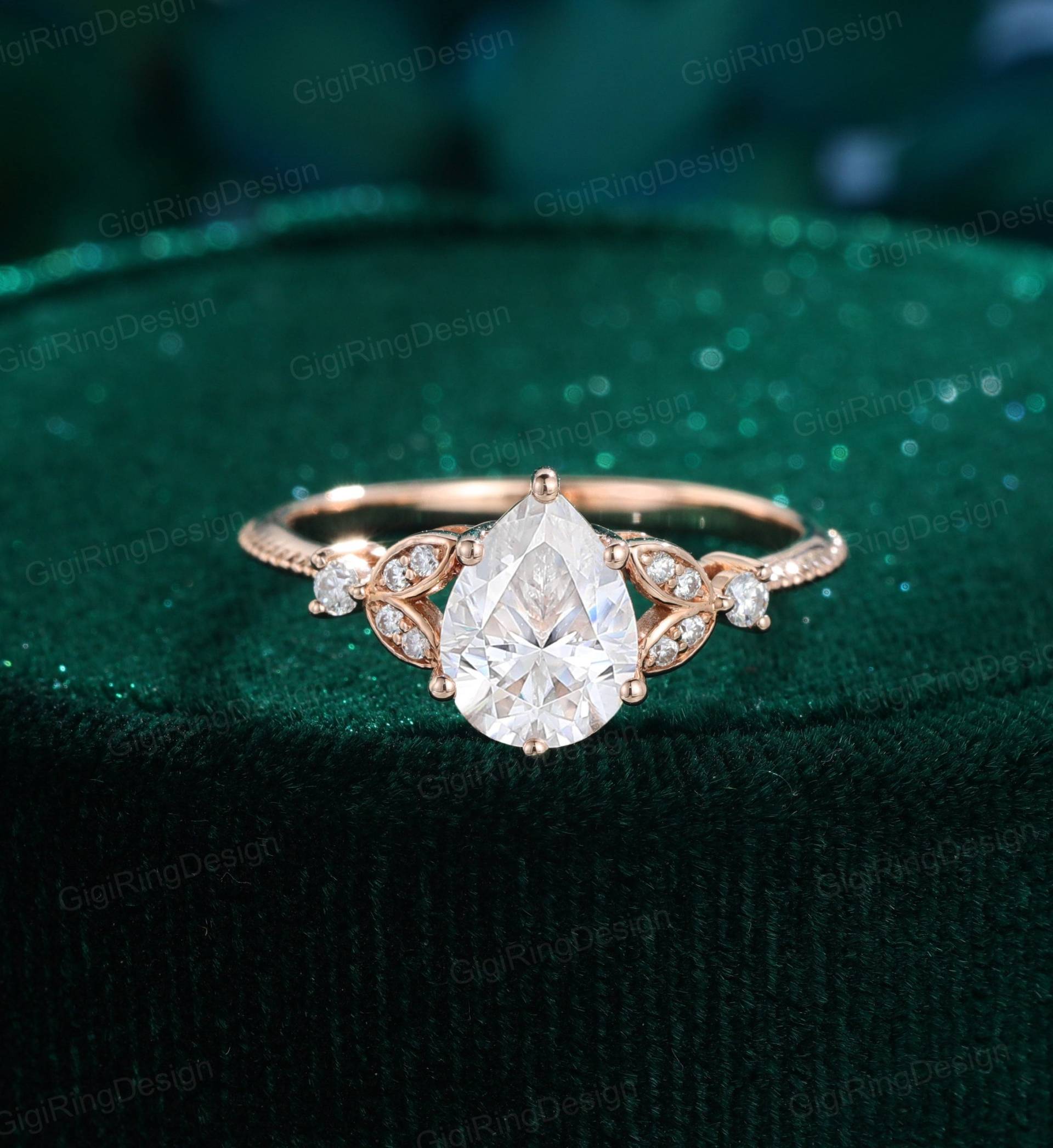 Einzigartiger Birnenförmiger Moissanit Verlobungsring Frauen Vintage Roségold Diamant Art Deco Ring Braut Versprechen Jahrestag von GigiRingDesign