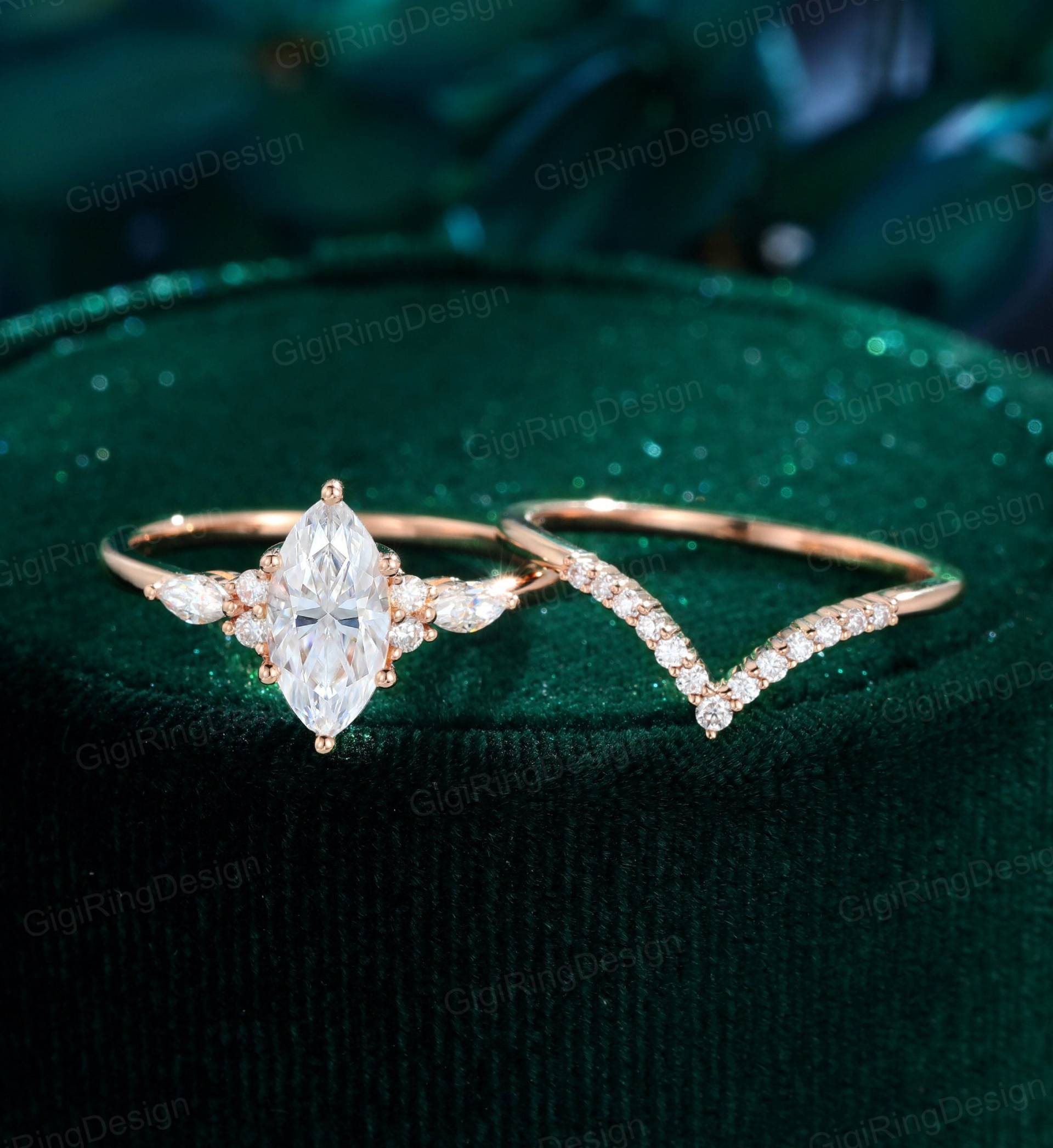 Einzigartiger Marquise Moissanit Verlobungsring Set Vintage Roségold Cluster Diamant Ring Braut Versprechen Jahrestag Geschenk von GigiRingDesign