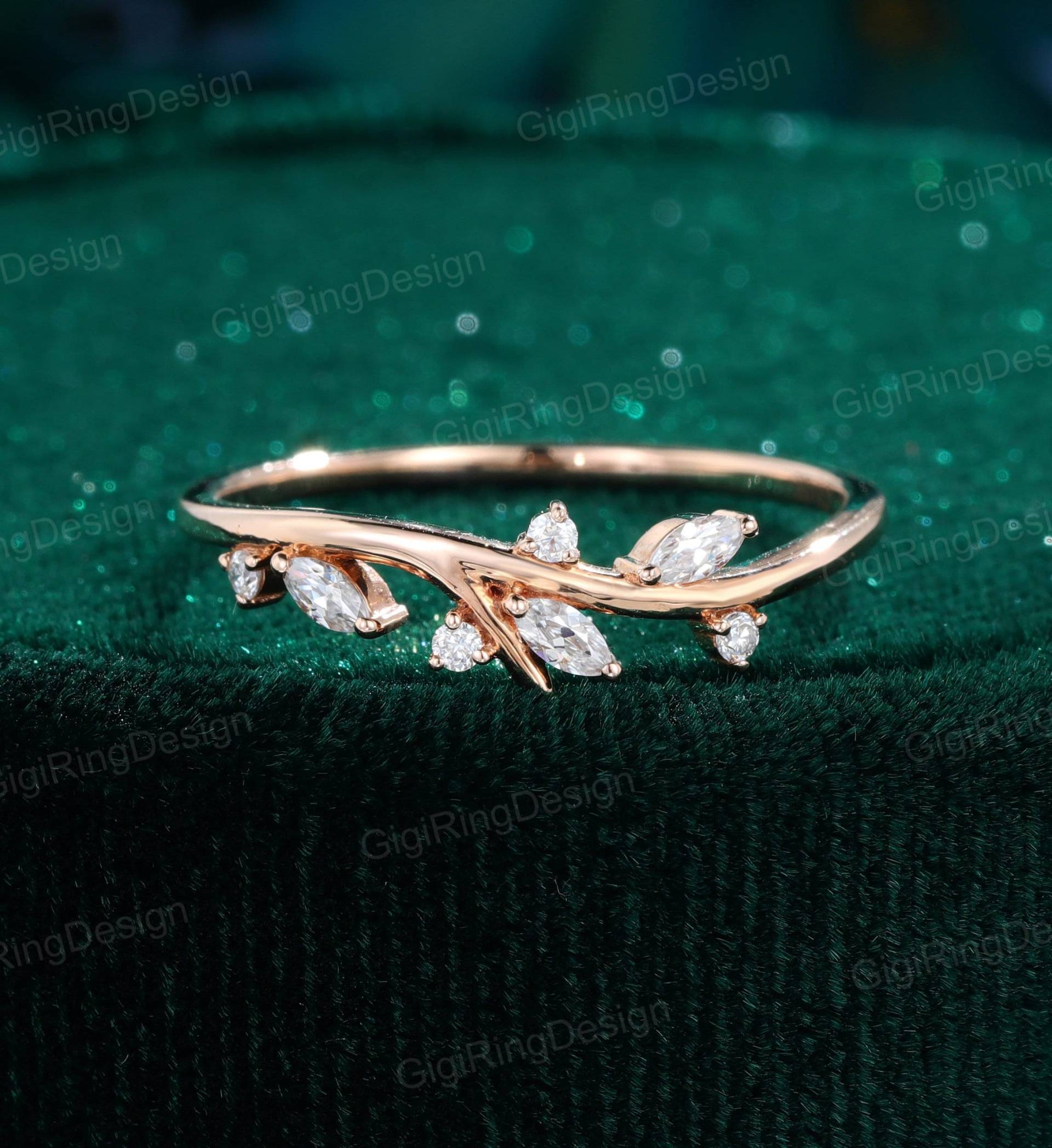 Marquise Moissanit Hochzeitsband Unikat Vintage Rosegold Diamant Ehering Art Deco Zarte Zierliche Stapelring Braut Jahrestag Ring von GigiRingDesign