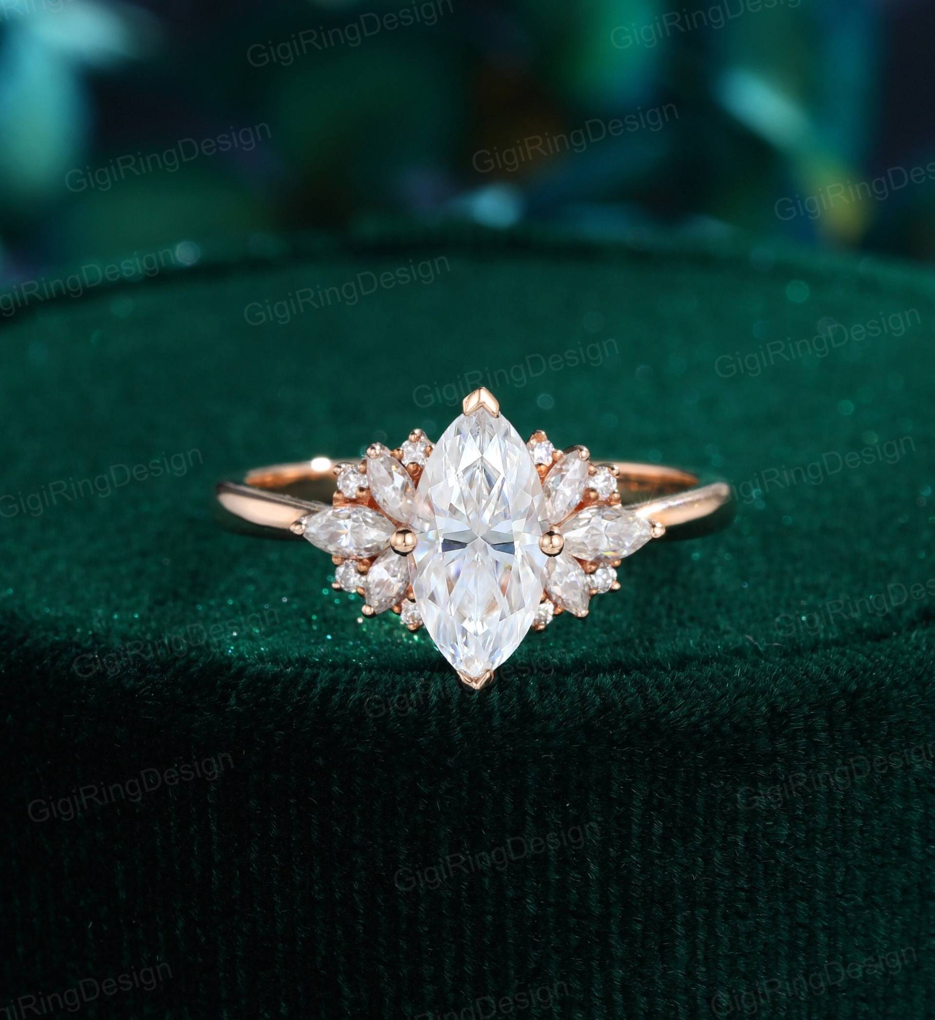 Marquise Moissanit Verlobungsring Rosegold Unikat Vintage Cluster Art Deco Ring Braut Versprechen Jahrestag Geschenk Für Sie von GigiRingDesign