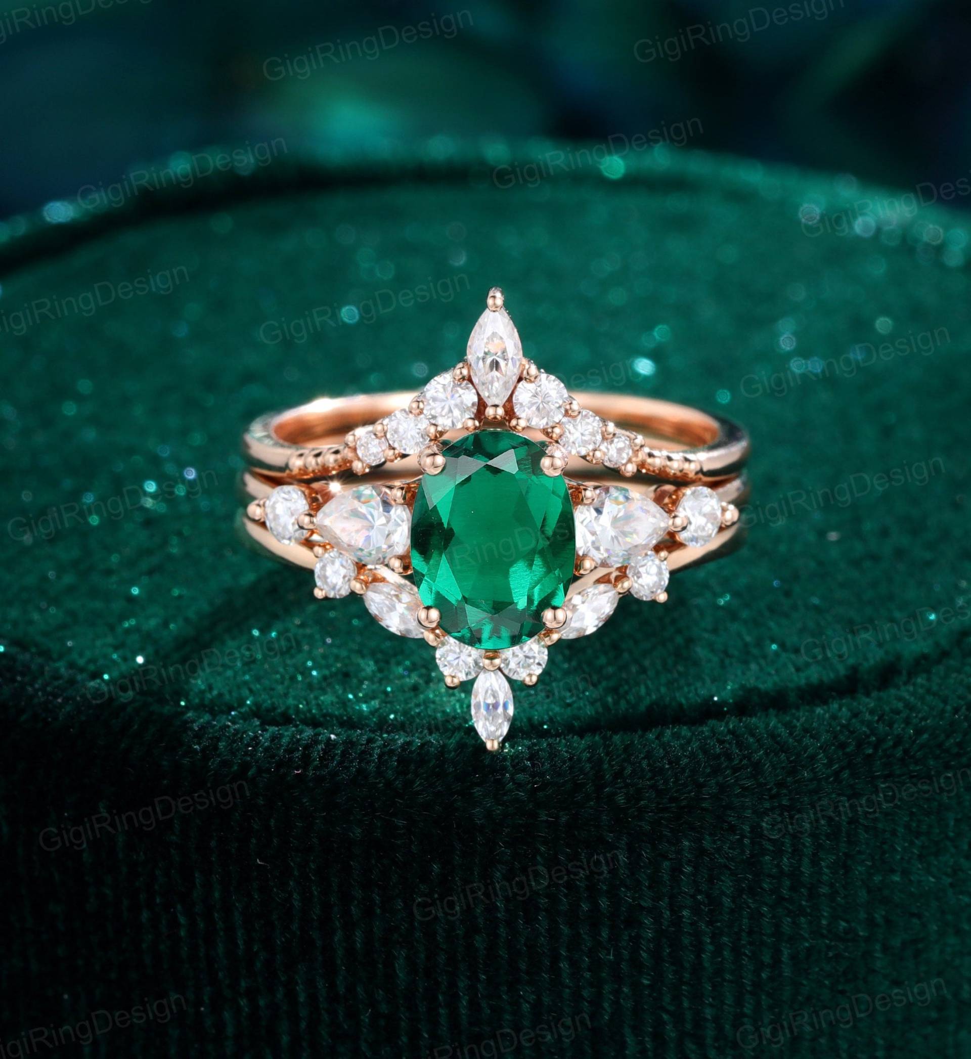 Oval Smaragd Verlobungsring Set Rosegold Moissanit Ring Unikat Vintage Marquise Braut Geschenk Für Frauen von GigiRingDesign
