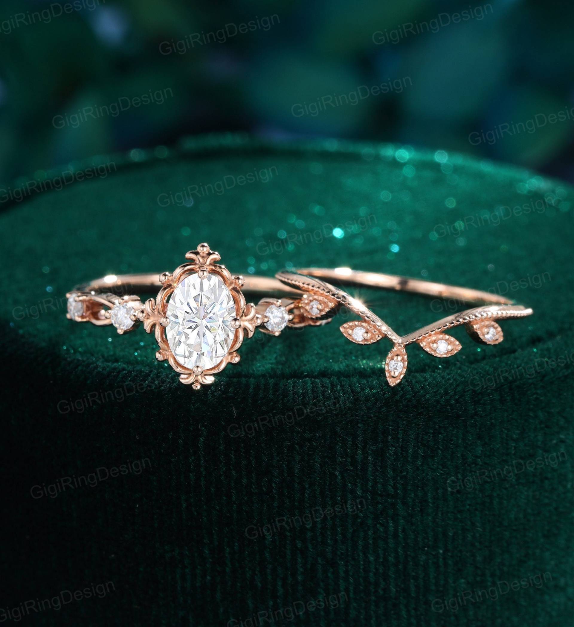 Ovalschliff Moissanite Verlobungsring Set Vintage Rose Gold Diamant Frauen Art Deco Ring Brautring Versprechen Jahrestag Geschenk von GigiRingDesign