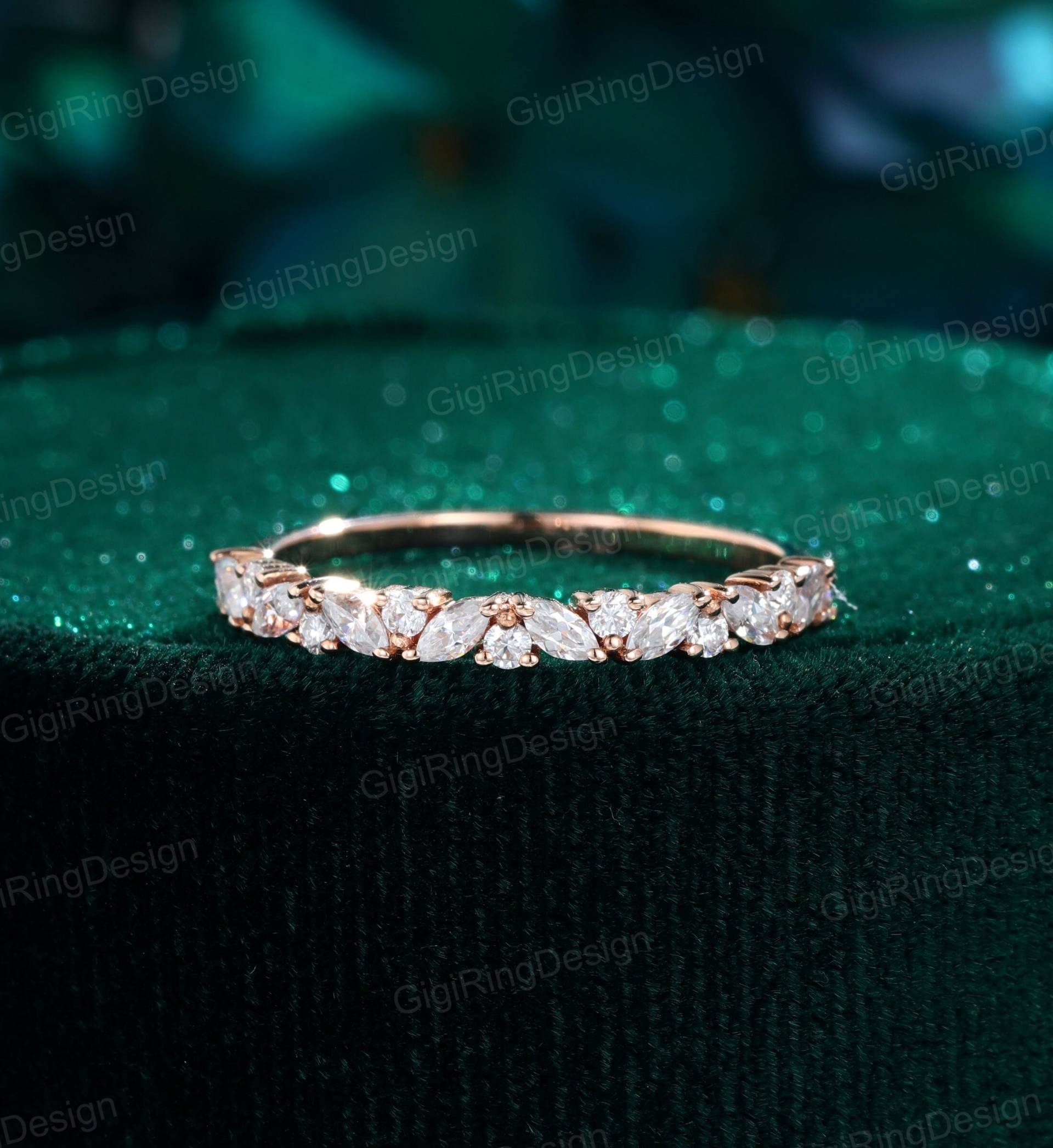 Rosegold Hochzeitsband Damen Halbe Ewigkeit Marquise Moissanit Vintage Passendes Unikat Braut Stapel Versprechen Geschenk Für Frauen von GigiRingDesign