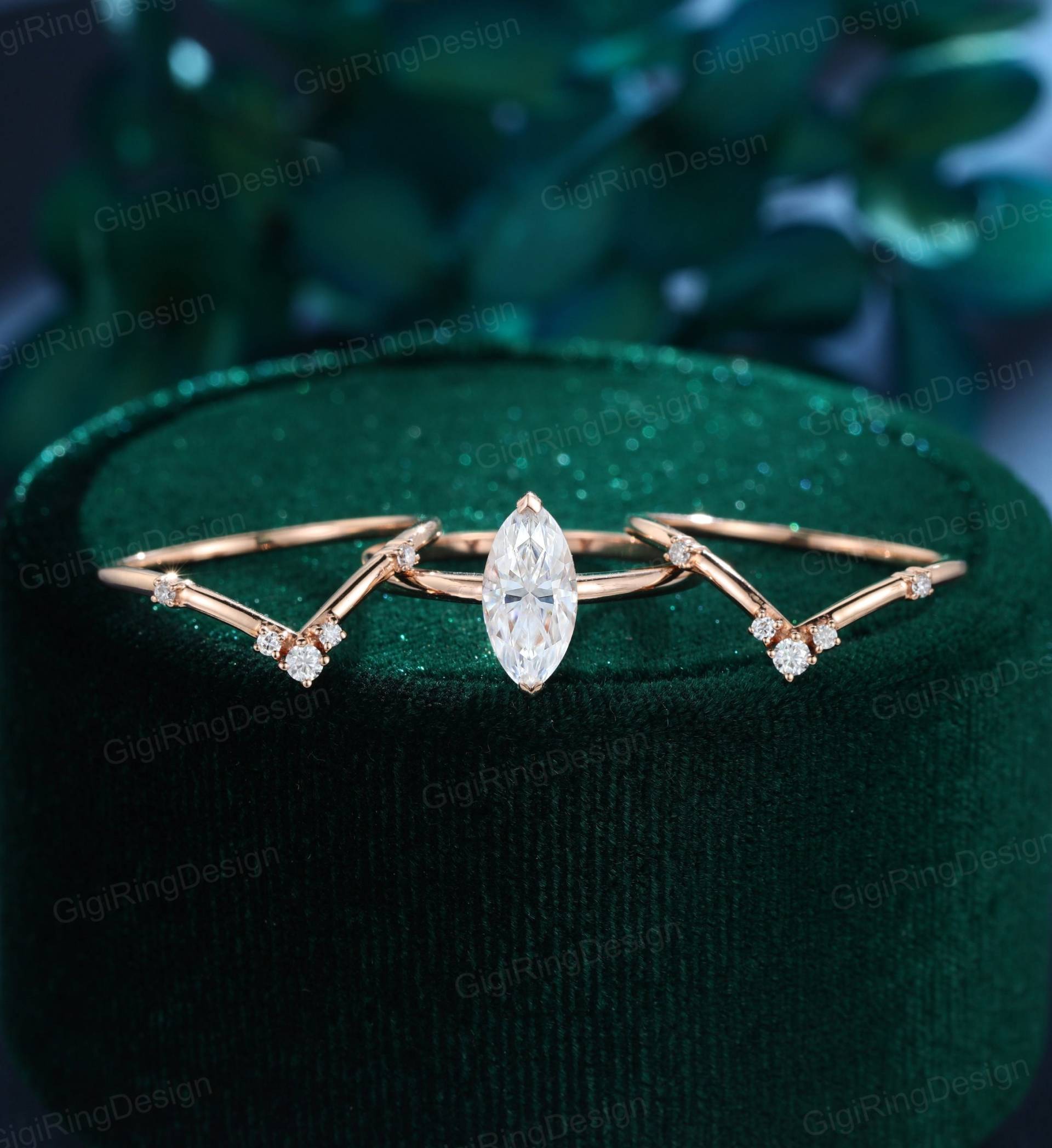 Vintage Marquise Moissanit Verlobungsring Set Unikat Roségold Damen Geschwungener Diamant Ring Braut Set Promise Anniversary von GigiRingDesign