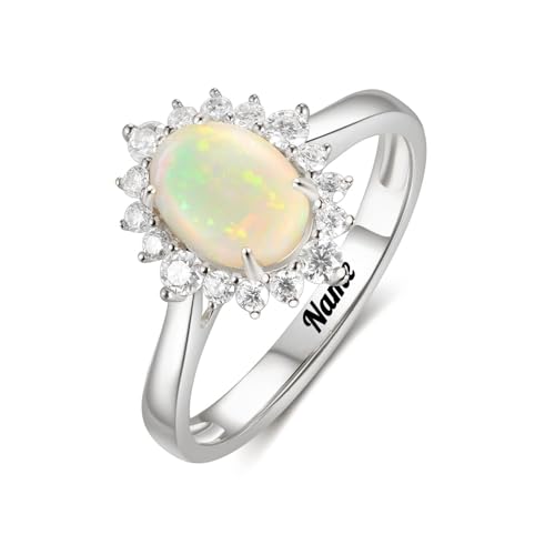 Art-Deco-Opal-Verlobungsring, natürliche ovale Opalringe for Frauen, Weiß-/Rosé-/Gelbgold, Ehering aus 925er Sterlingsilber, Geschenk for Sie (Color : Silver, Size : 56(17.8)) von Gigirom