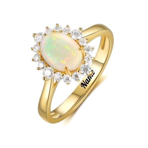 Art-Deco-Opal-Verlobungsring, natürliche ovale Opalringe for Frauen, Weiß-/Rosé-/Gelbgold, Ehering aus 925er Sterlingsilber, Geschenk for Sie (Color : Yellow Gold, Size : 54.4(17.3)) von Gigirom