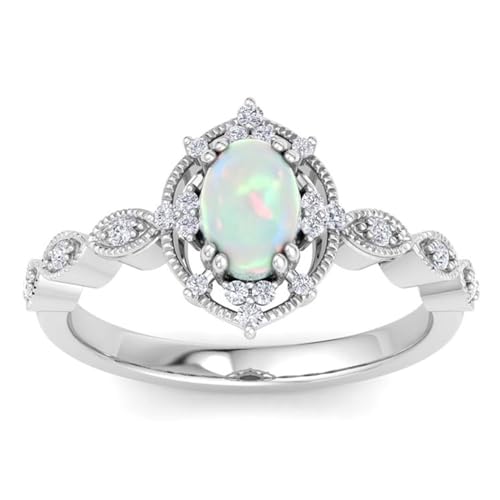 Einzigartiger Opal-Verlobungsring for Frauen, ovaler Opalring, Ehering, Solitär-Geburtssteinring aus 10 Karat Gold for Sie (Color : White Gold, Size : 50.6(16.1)) von Gigirom