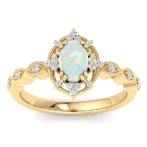 Einzigartiger Opal-Verlobungsring for Frauen, ovaler Opalring, Ehering, Solitär-Geburtssteinring aus 10 Karat Gold for Sie (Color : Yellow Gold, Size : 52(16.6)) von Gigirom