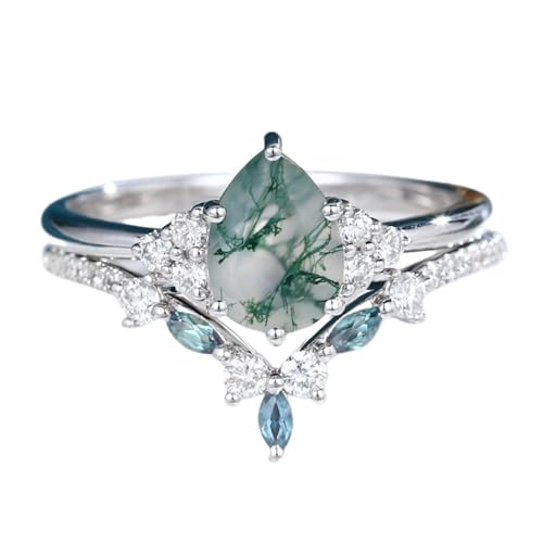 Gigirom Natürliche Moosachat-Ringe for Frauen, birnenförmiges Moosachat-Verlobungsring-Set, Ehering-Set aus 925er Sterlingsilber, Geschenk for ihre Mutter, Frau (Size : 58(18.5)) von Gigirom