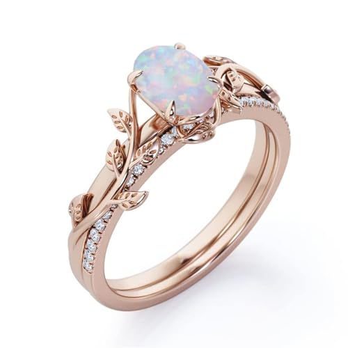 Gigirom Opalringe for Frauen, Blattdesign-Feueropal-Verlobungsring, S925-Sterlingsilber-Opal- und Moissanit-Ehering-Set, Versprechensringe Opalschmuck (Color : Rose gold, Size : 52(16.6)) von Gigirom