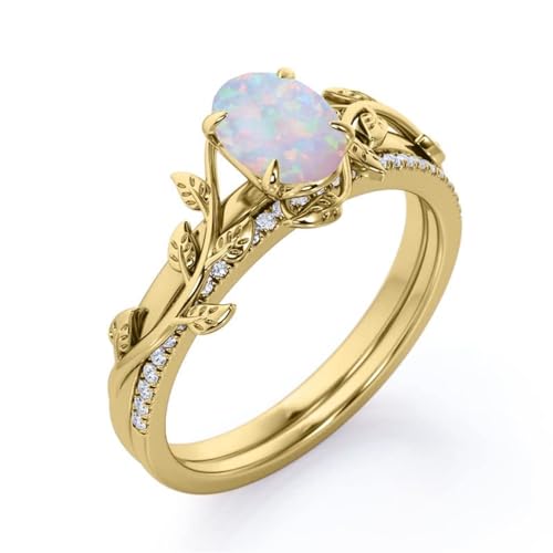 Gigirom Opalringe for Frauen, Blattdesign-Feueropal-Verlobungsring, S925-Sterlingsilber-Opal- und Moissanit-Ehering-Set, Versprechensringe Opalschmuck (Color : Yellow gold, Size : 50.6(16.1)) von Gigirom