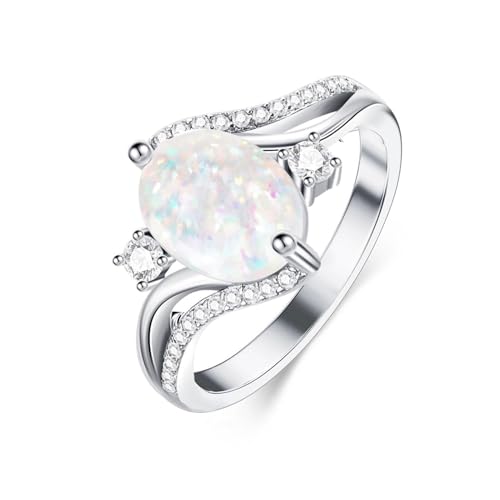 Gigirom Oval geschliffene Opalringe for Frauen, Verlobungs- und Ehering mit natürlichem Opal, 925er Sterlingsilber, Jubiläums-Versprechensring-Geschenk for Sie (Size : 10 UK) von Gigirom